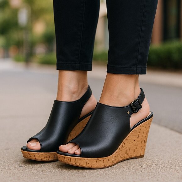 American Eagle By Payless Shoes - AEO AMERICAN EAGLE Slingback Cork Wedge Sandals 8.5 Pebbled Black Vegan Leather
